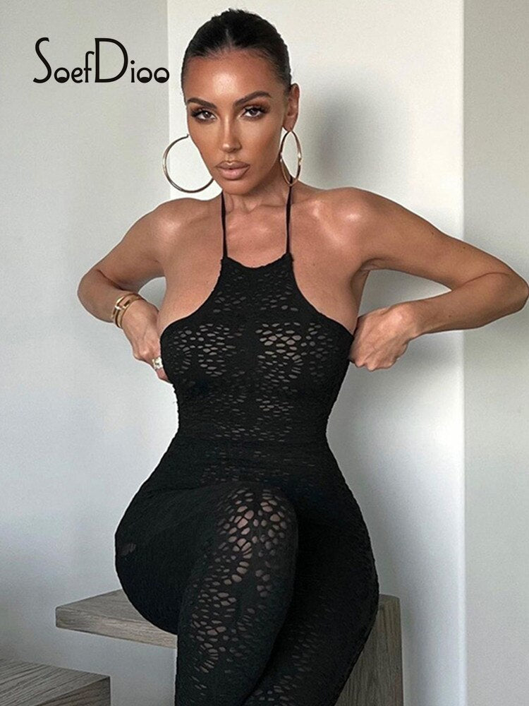 Soefdioo Halter Mesh Hollow Out Bodycon Romper Women Jumpsuits Summer 2022 Sexy Backless Balck Jump Suit Fashion Sportswear