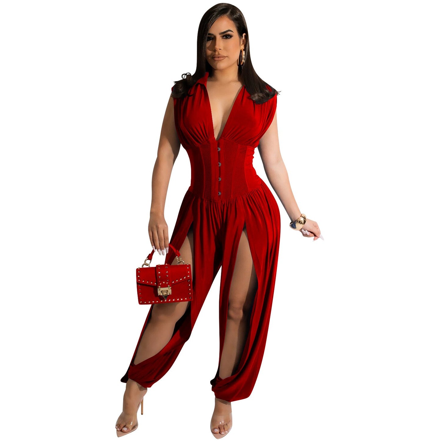 Echoine Woman Fashion Solid Sexy Deep V Neck Sleeveless Hollow Out Long Jumpsuit Casual Intellectual Club Party Romper Overalls