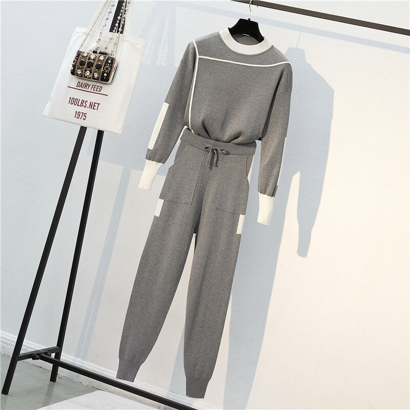 2022 Autumn Runway 2 Pieces Set Knitted Long Sleeve Pullovers Sweater Casual Patchwork Knit Jumper Tops and Pants Suits spring