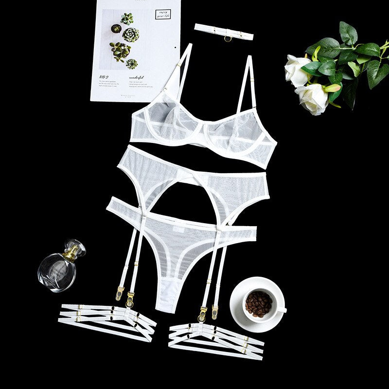 4 Pieces Set Woman Sexy Lingerie Erotic Underwear Bra Garters Brief Sets Transparent Lace Seamless Blue Ladies Panties Thong