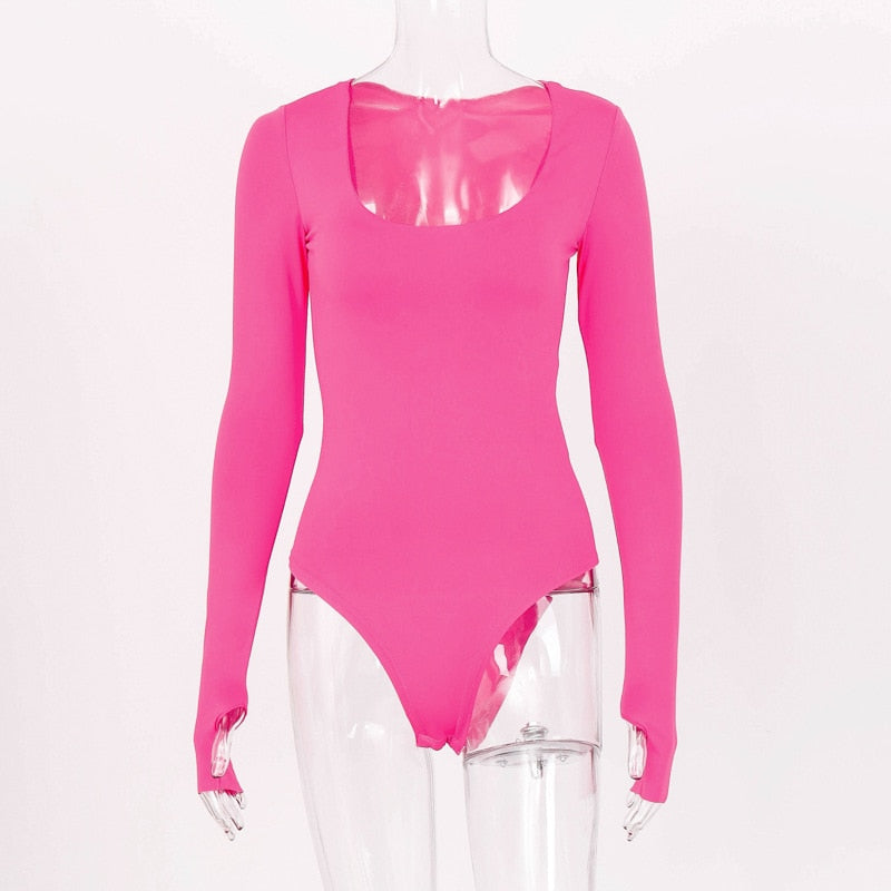 New Solid Bodycon Sexy Neon Orange Bodysuits Women Autumn  Long Sleeve Winter Basic Body Suit Female O Neck Black Pink GV852