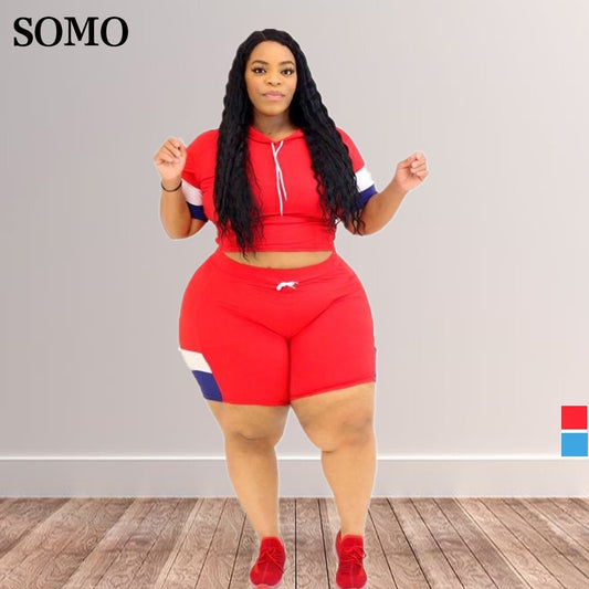 Plus Size Women Clothing Two Piece Set 4xl Summer Solid Color Splicing Sports Fashion Leisure Shorts Sets Wholesale Dropshipping