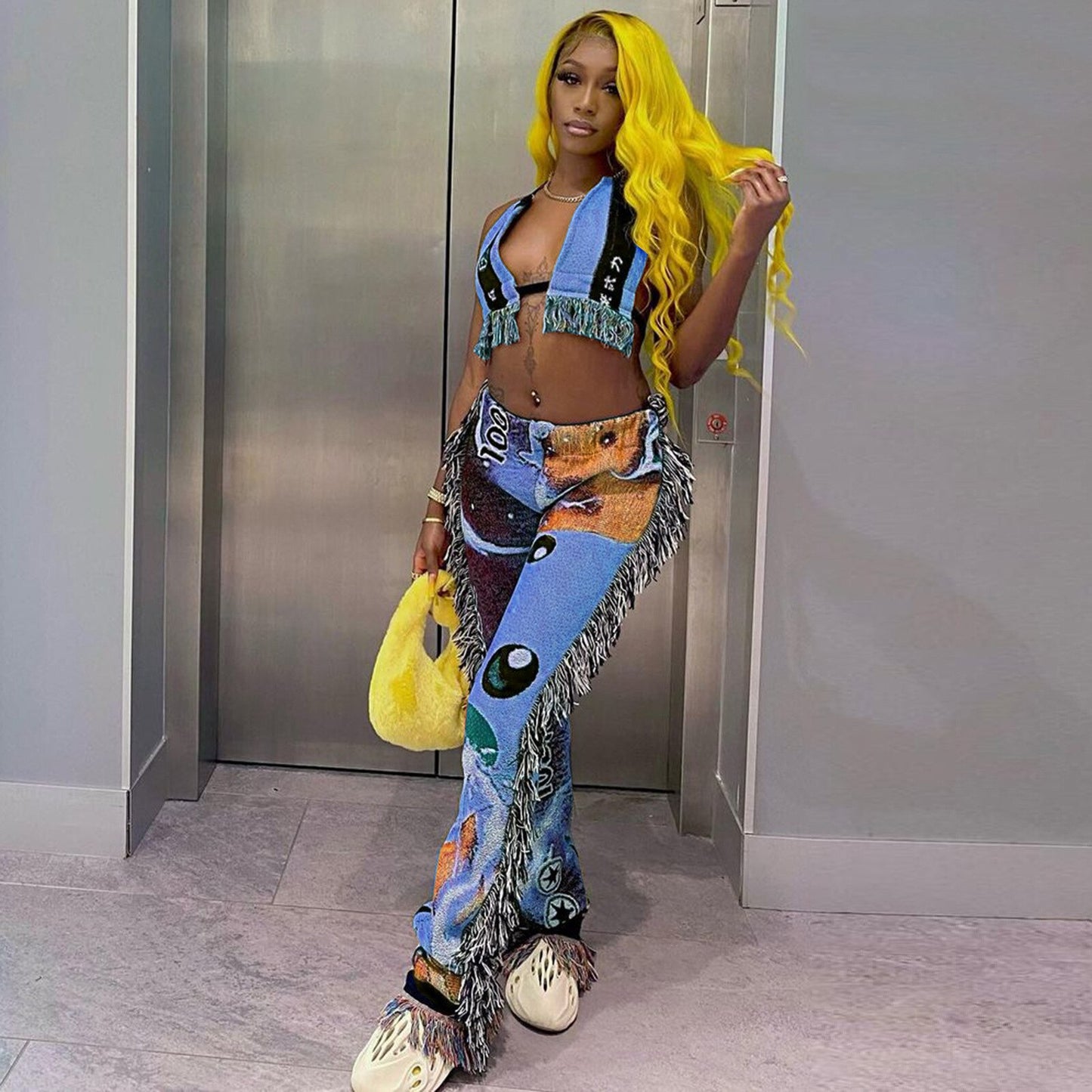Print Tassel Beach Wear Two Piece Set Sexy V Neck Halter Lace Up Crop Top + Straight Pants Suits Club Party Tracksuit Women
