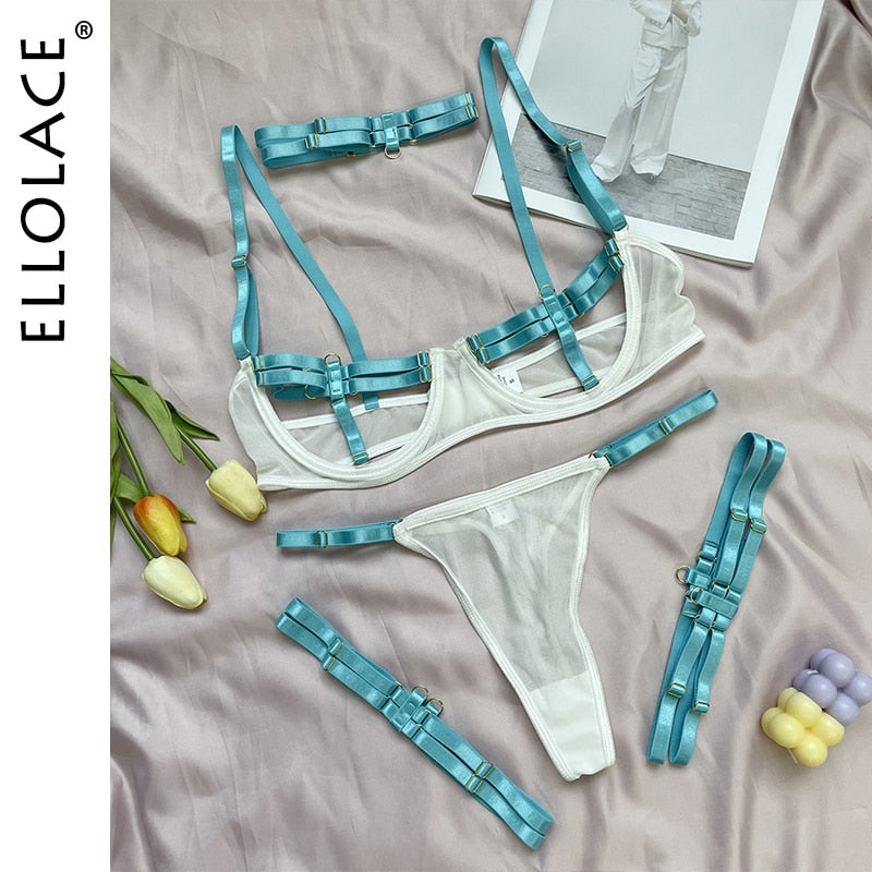 Ellolace Lingerie Sexy Hollow Out 4-Piece Exotic Costumes Sensual See Through Outfits For Woman Neon Green Porn Bottom Whore