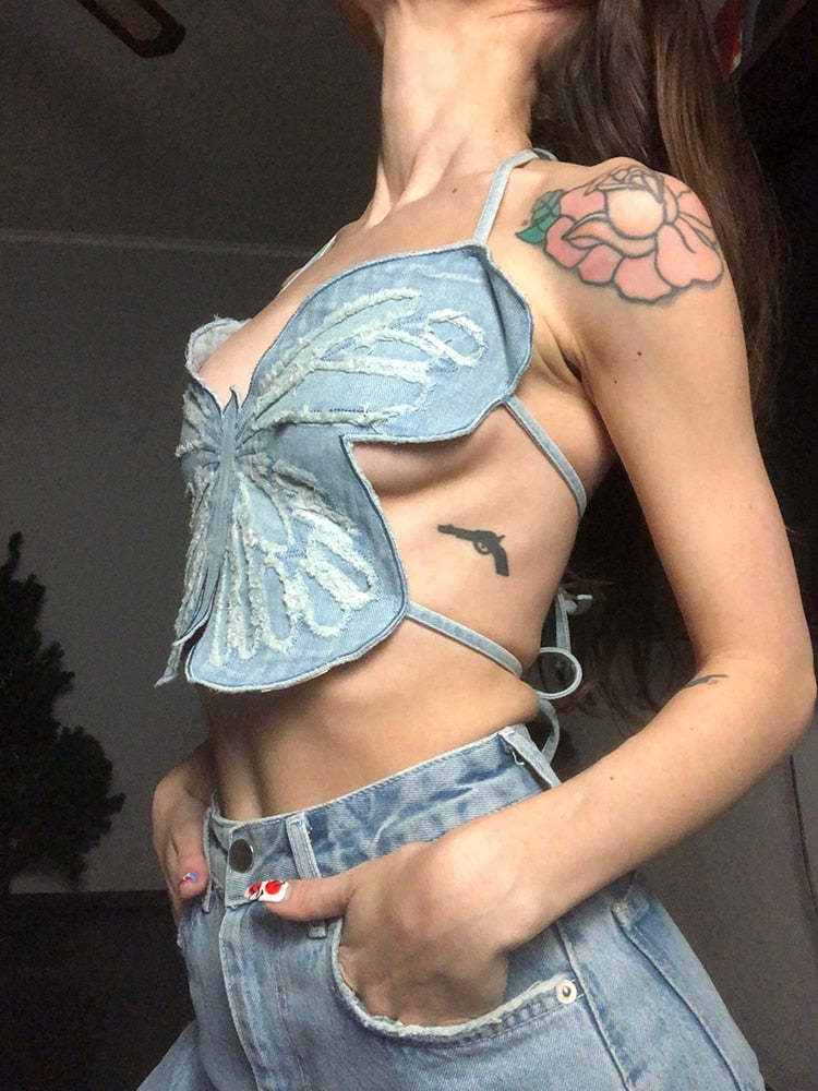 Rapcopter y2k Butterfly Jeans Crop Top Backless Strap Camis Sexy Blue Cute Party Sweats Women Beach Holiday Mini Vest Summer Tee