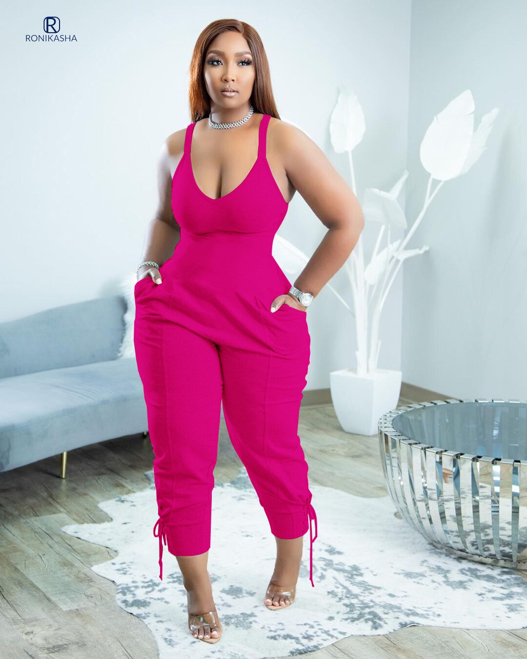 Ronikasha Jumpsuits for Women Sleeveless V Neck Zip Back Lace Up Tank Long Romper One Piece Set