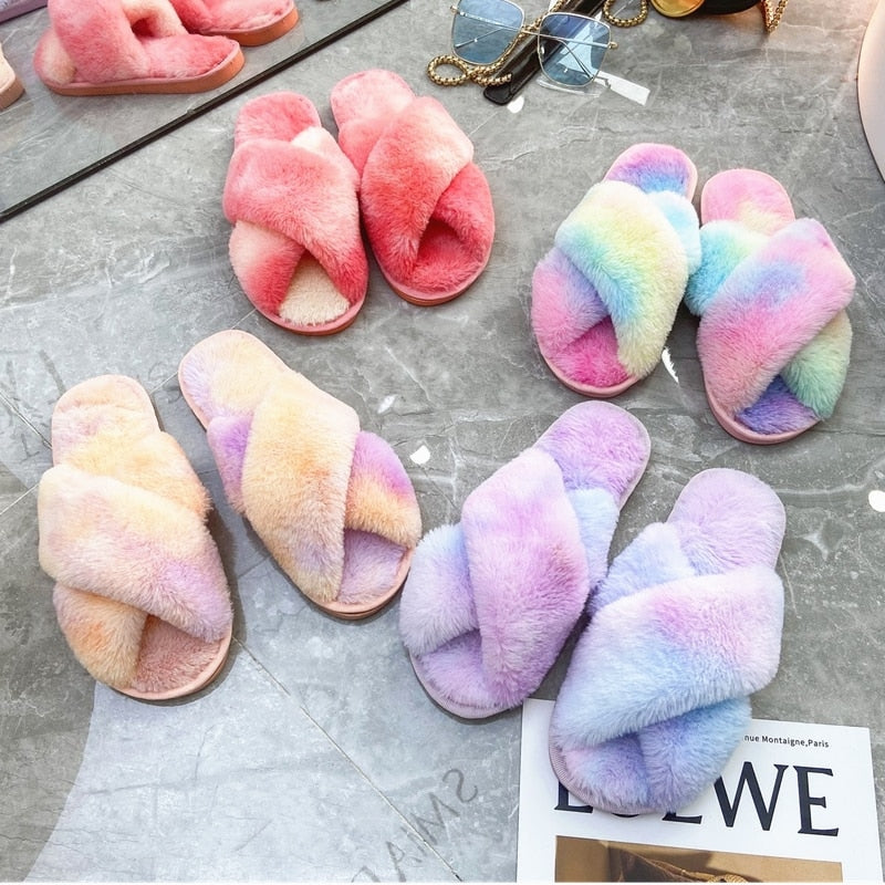 Winter Mixed-Color House Women Fur Slippers Rainbow Color Bedroom Girls Plush Shoes Open Toe Indoor Ladies Furry Slippers