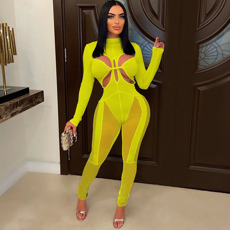 Sexy Sheer Mesh Patchwork Jumpsuits Women Party Night Hollow Out Long Sleeve Romper Elastic Cleavage Bodycon Birthday Outfits