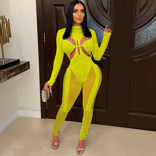 Sexy Sheer Mesh Patchwork Jumpsuits Women Party Night Hollow Out Long Sleeve Romper Elastic Cleavage Bodycon Birthday Outfits