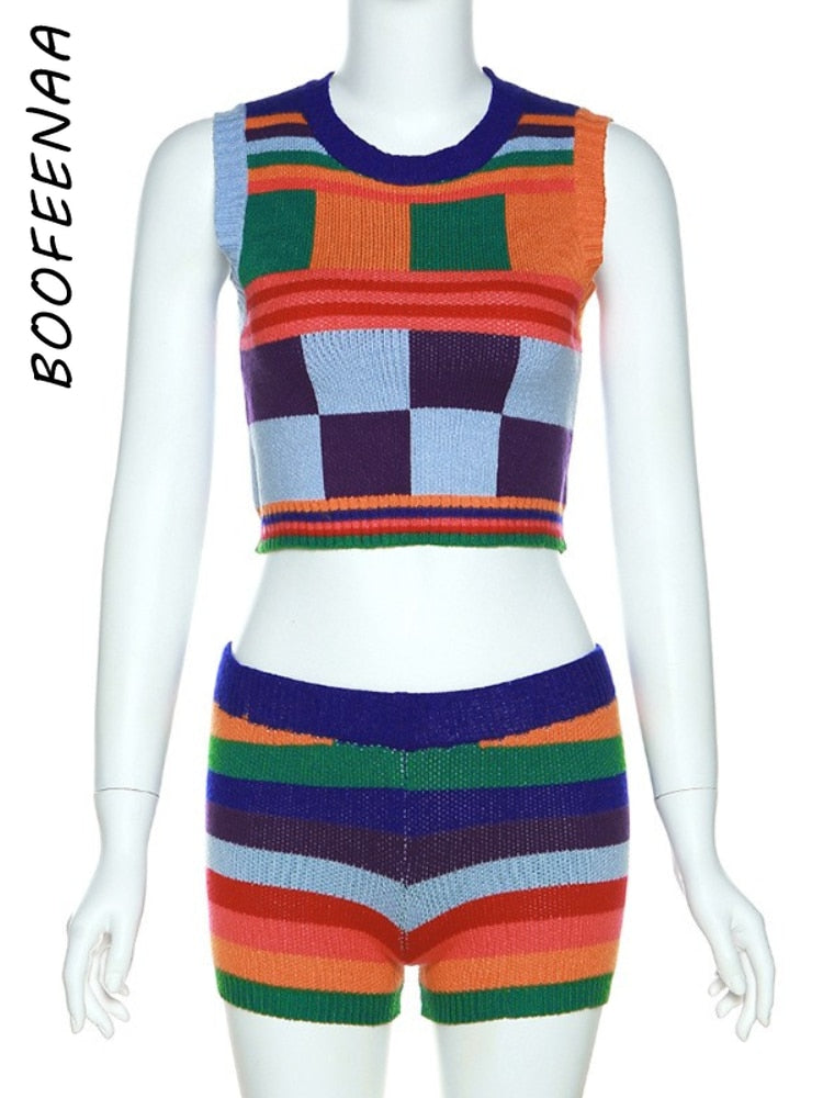 BOOFEENAA Y2k 2 Piece Set Crop Top and Shorts Sexy Trendy Colorblock Knitted Two Piece Short Set Women Summer Outfits C96-GZ31