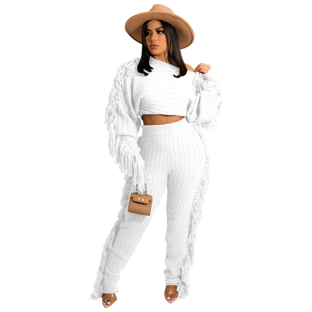 ANJAMANOR Tassel Knitted Sweater Sexy Two Piece Set Matching Pants Sets Fashion Winter Outfits for Women 2021 Wholesale D62-HZ95