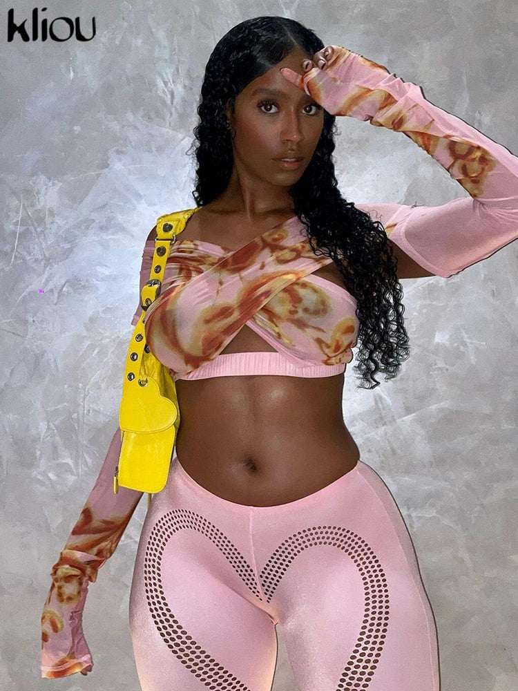 Kliou Mesh Two Piece Sets Womens Outifits Y2K Casual V-neck Hollow Out Skinny Tops+Fashion Heart-shaped Polka Dot Slim Trousers