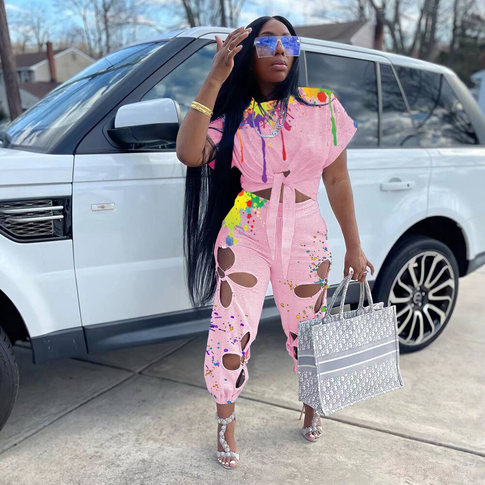 Women Two 2 Piece Set Splash Ink Tie Hem T-shirt and Hole in Lace Pants Streetwear Tracksuit 2022 Office Casual Suit