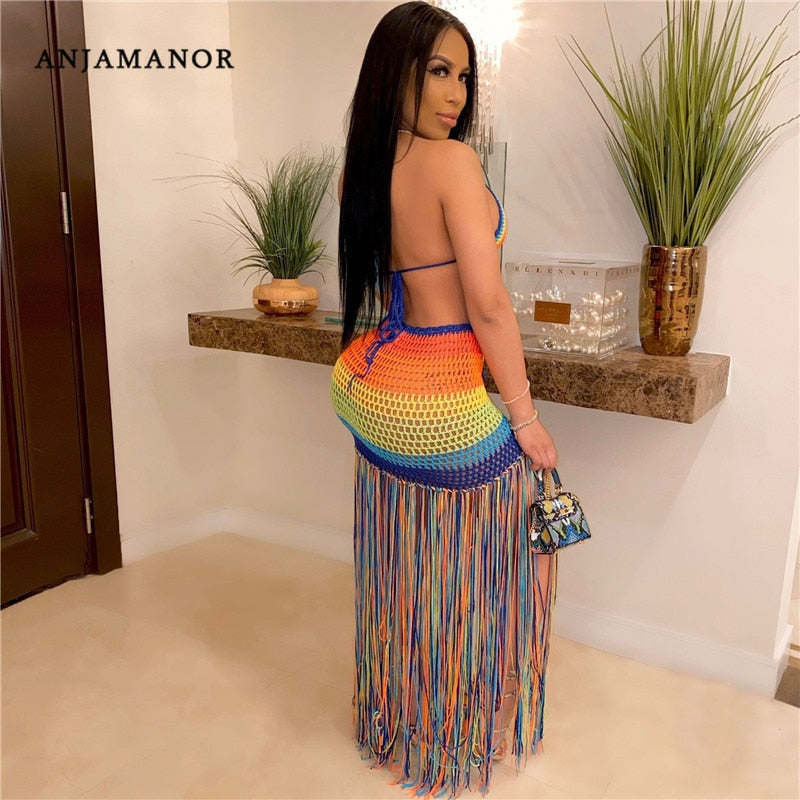 ANJAMANOR Rainbow Crochet Tassel Sexy 2 Piece Set Crop Top and Skirt Beach Party Club Birthday Outfits for Women D48-DF23