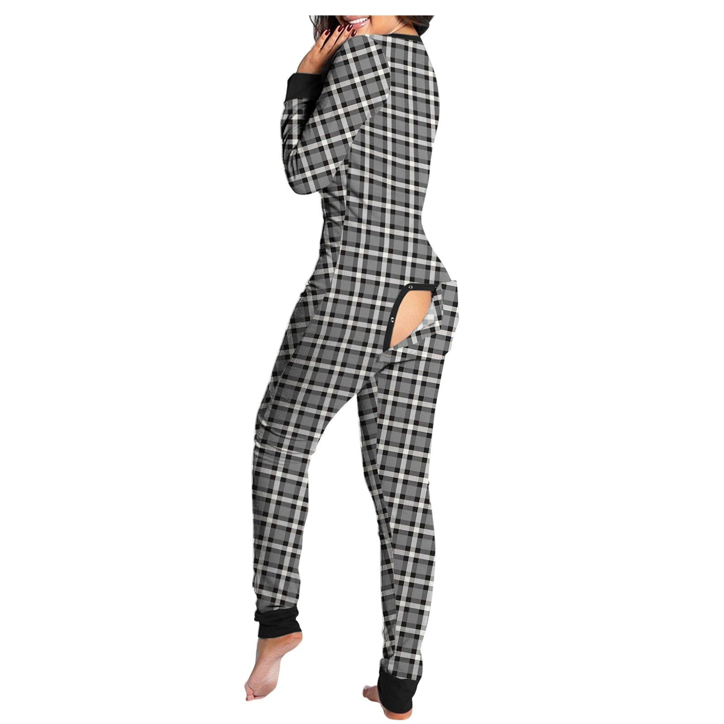 Onesie Plaid Print Button-down Front Functional V-neck Buttoned Flap Jumpsuit Combinaison Pyjama Femme Sexy
