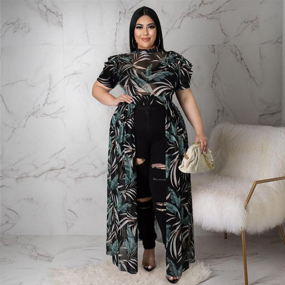 Plus Size Women Elegant Dress Printed Short Sleeve Shirt Summer Mesh Perspective Split Hollow Long Skirt Beach Vacation Clothing