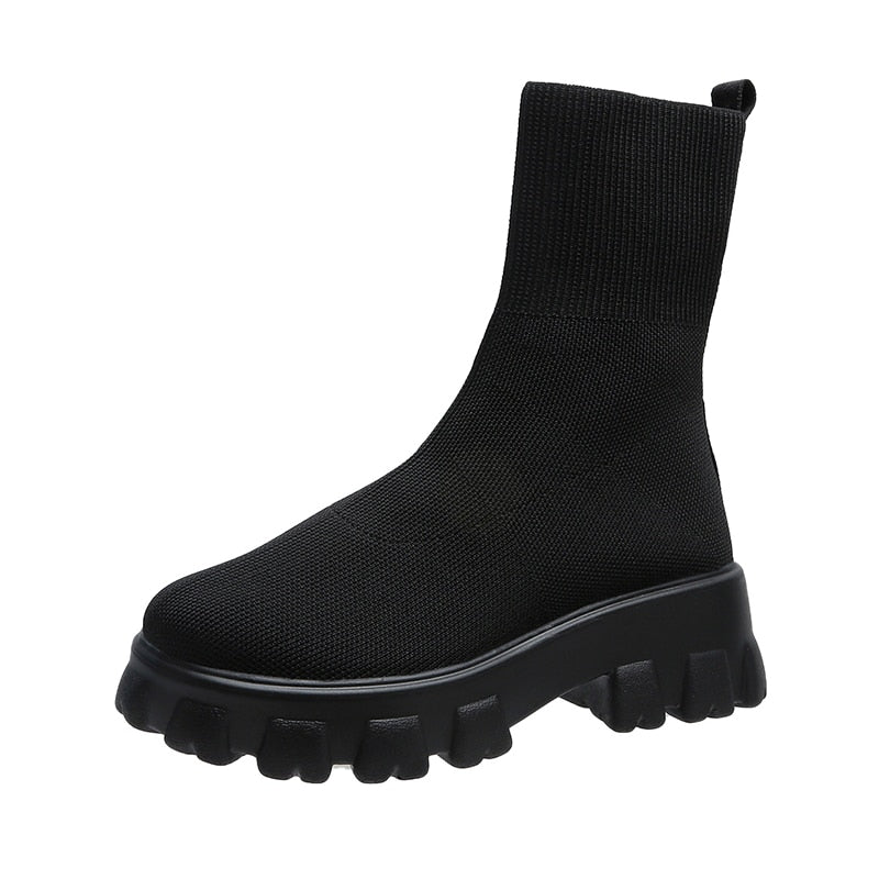 Ankle Sock Stretch Boots Designer Chunky Platform Snow Boots 2021 New Winter Warm Fashion Mid Heels Knitting Chelsea Women Shoes
