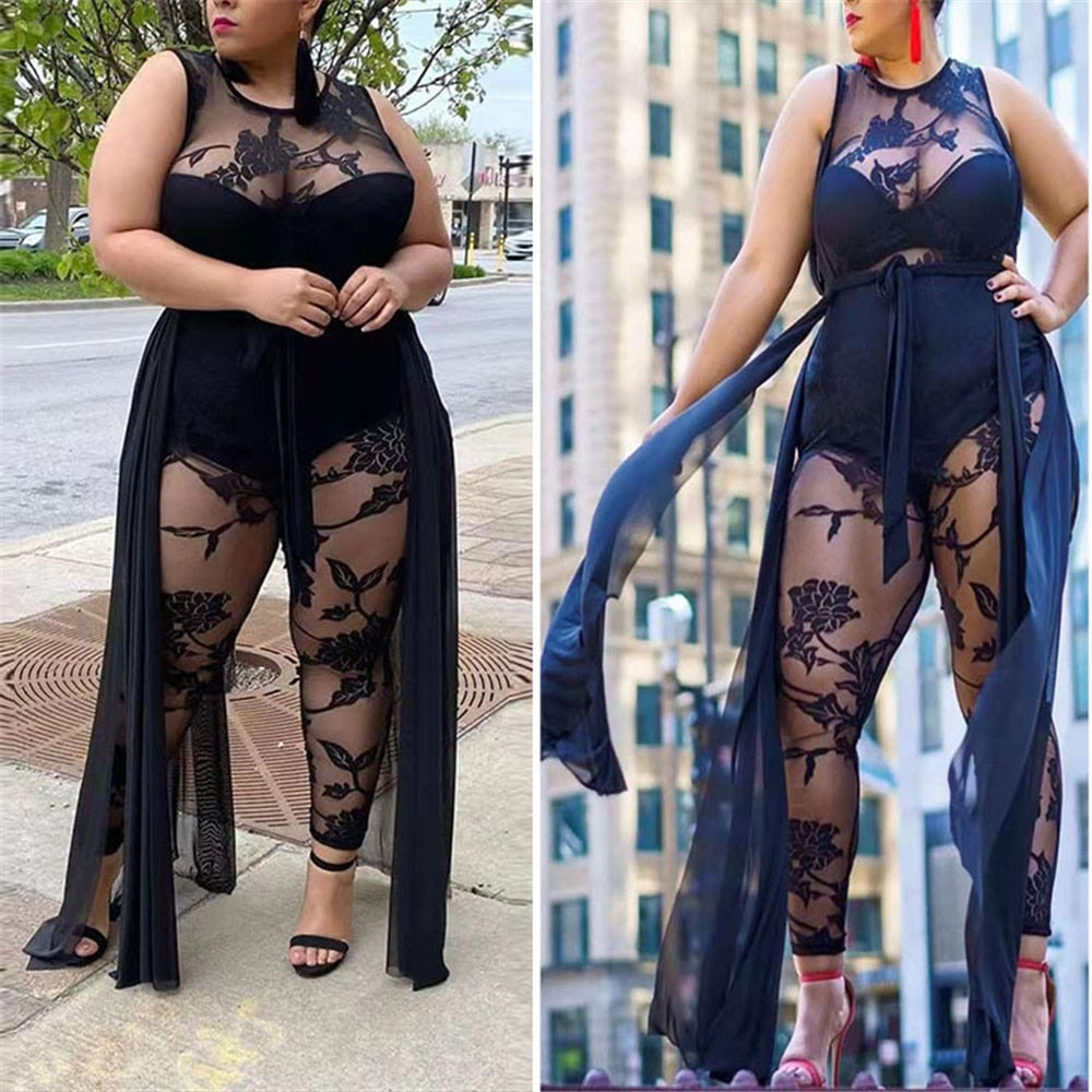 Black Sleeveless Jumpsuit Women Elegance Summer Street Wear Round Collar Lace Flocking Print Casual Base Wholesale Dropshipping