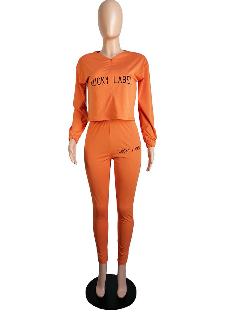LUCKY LABEL Embroidery Long Sleeve Loose Crop Top and Skinny Pencil Legging Casual Sweatsuits 2 Piece Matching Set Co-ord Outfit