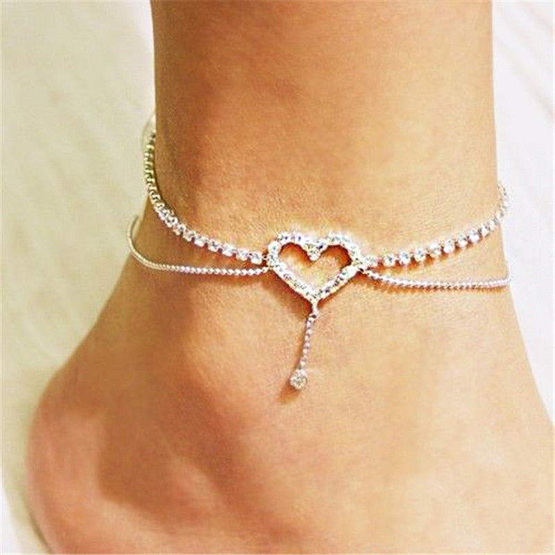 Huitan Heart Love Anklet Bracelet for Women Silver Color/Gold Color Luxury Ankle Accessories Fashion Barefoot Sandals Jewelry