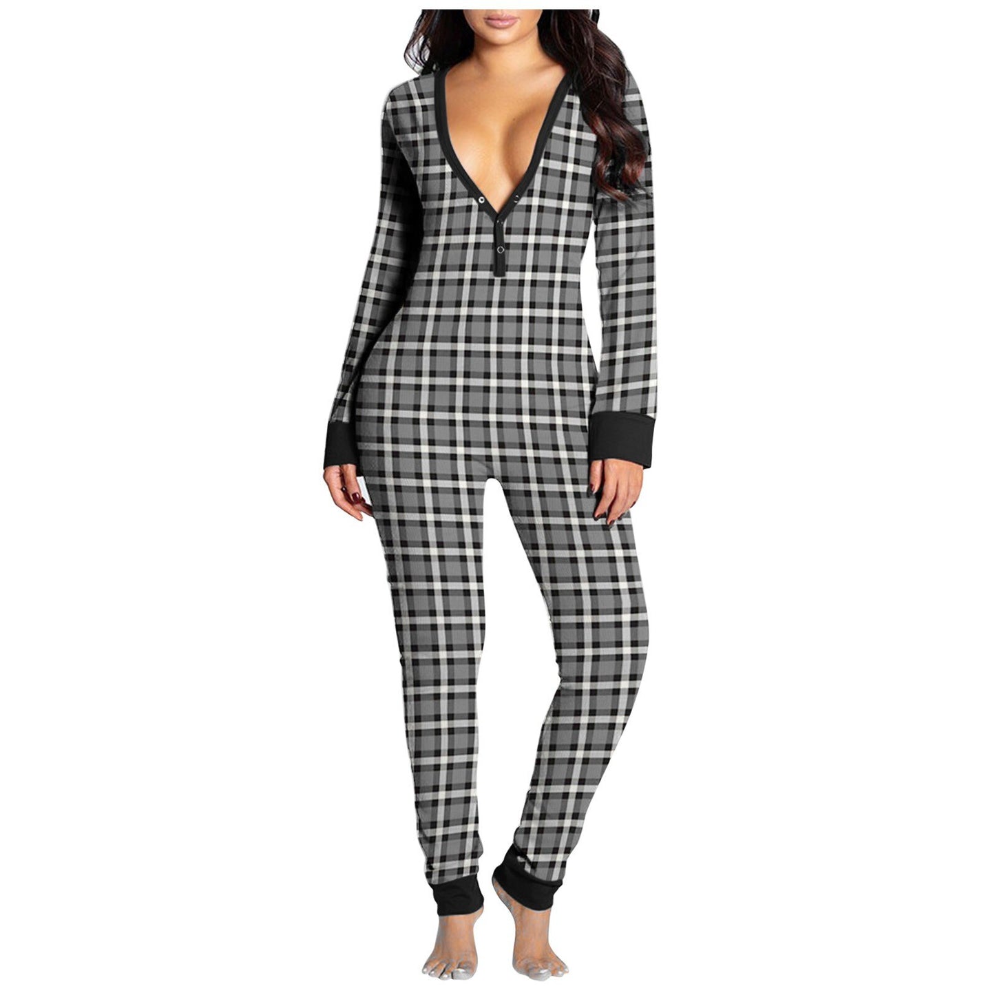 Onesie Plaid Print Button-down Front Functional V-neck Buttoned Flap Jumpsuit Combinaison Pyjama Femme Sexy