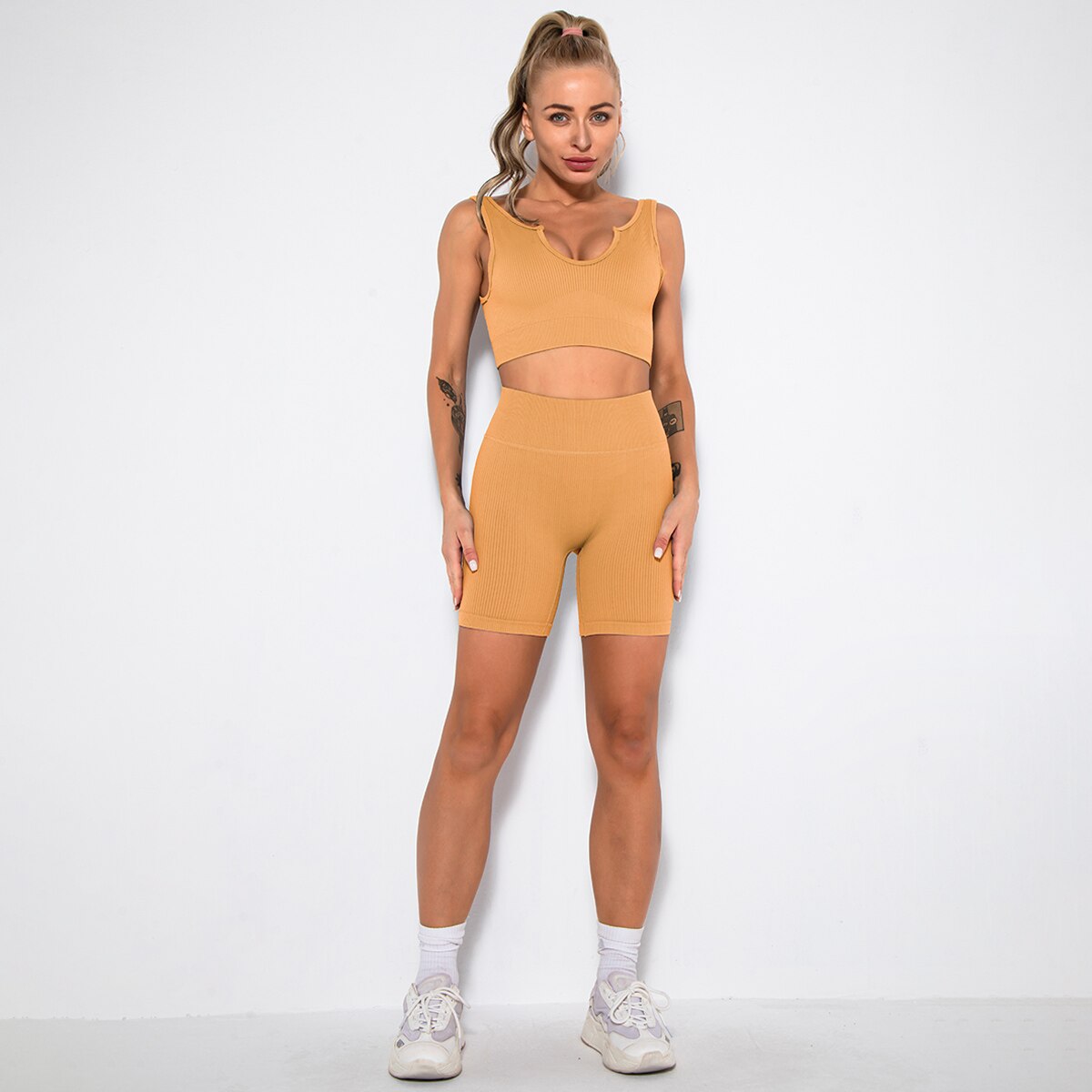 LANSWE Seamless Women Yoga Set Sportswear Gym Clothing Sport Set Women High Waist Seamless Leggings Fitness Sport Bra Crop Top