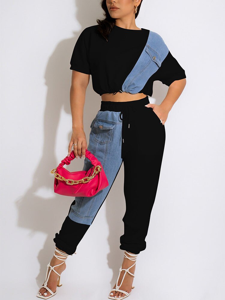 Women Two Piece Colorblock Denim Patchwork Suits Short Sleeve Crop Top &amp; Slim Pants Set