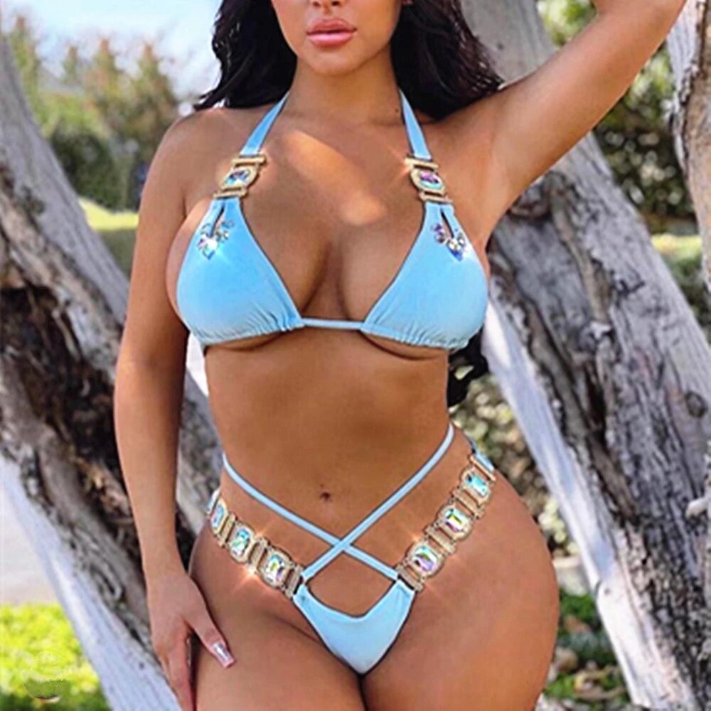 Sexy Rhinestones Thong Bikini Women Solid Green Push Up Glitter Crystal Swimsuit Chain Metal Bathing Suit Luxury Swimwear 2022
