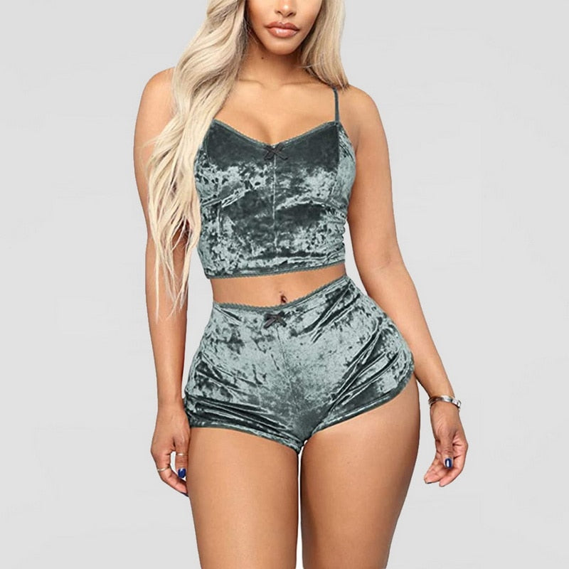 Ladies Pajama Set Cute Print Pattern Sleepwear Silk V Neck Sexy Pijama Satin Night Home Suits Wear Sleeveless Top And Shorts