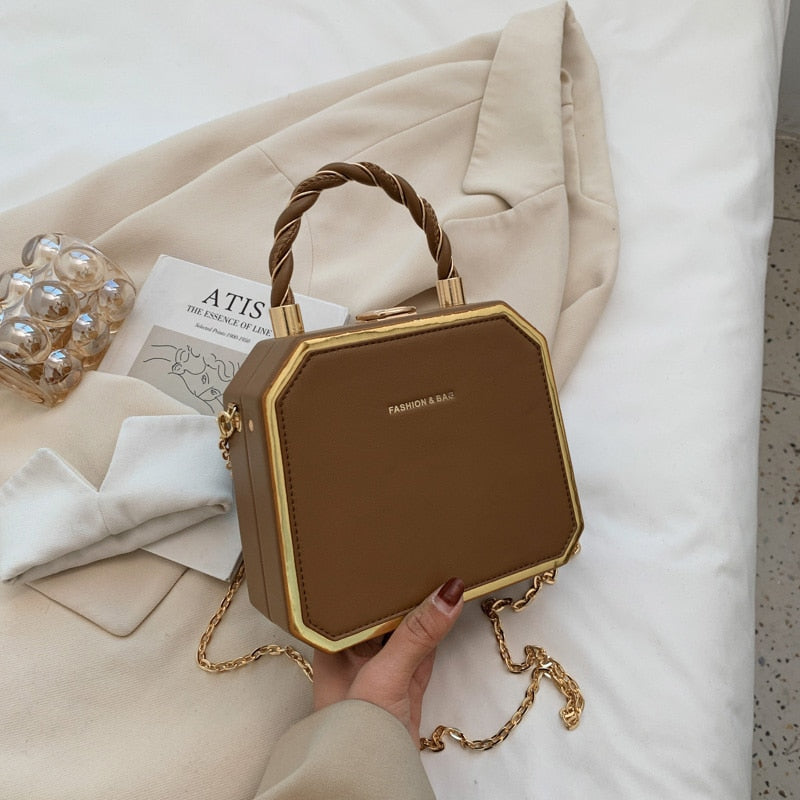 Hard Box Shape PU Leather Crossbody Bag with Short Rope Handle for Women 2022 Shoulder Handbags and Purses Lady Travel Cute Tote
