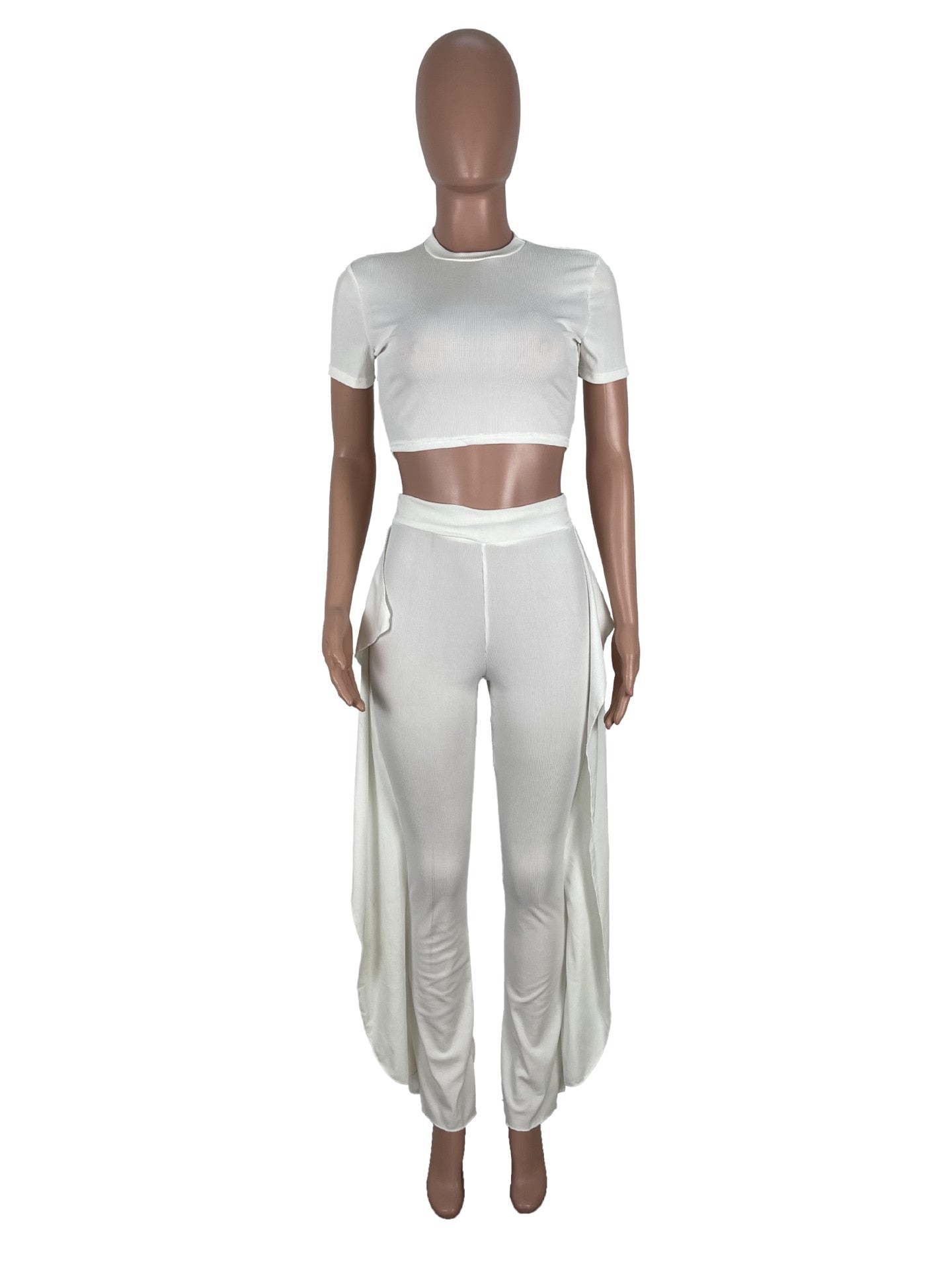 Lounge wear Solid Tracksuit Women Summer O Neck Short Sleeve Crop Top + Ruffles Pants Slim Two Piece Set Outfits Streetwear