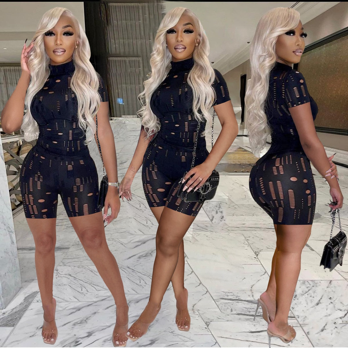 Irregular Hole Fall Trend Skinny  Women Tracksuit Sexy Hollow Out  Top T-Shirt + Slim Pencil Pants 2 Piece Matching Set Outfits