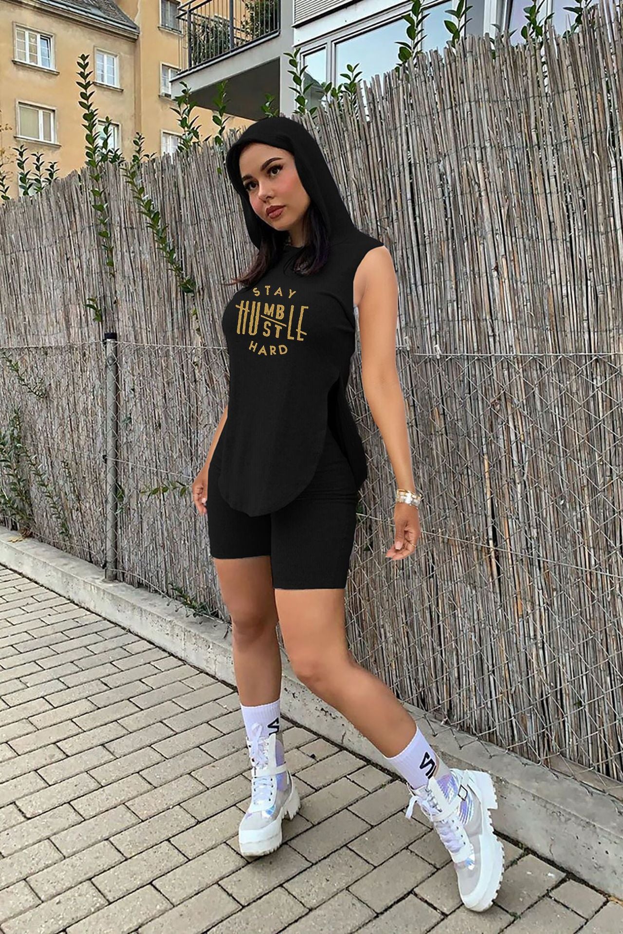 Women's Summer Casual Pit Strip Hood Two Piece Crew Neck Short Sleeve Top and Shorts Pants Printed Fashion Two Piece Set