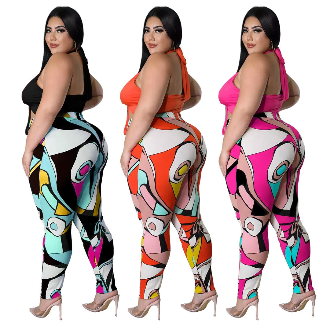 5xl Summer Outfits Sexy Lace Up Top Print Sweatpants Hollow Out Plus Size Two Piece Sets Women Clothing Wholesale Dropshipping