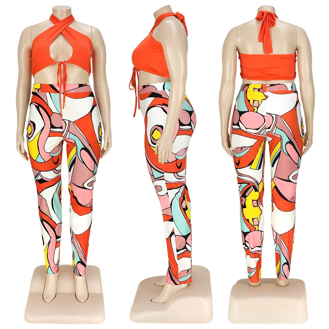 5xl Summer Outfits Sexy Lace Up Top Print Sweatpants Hollow Out Plus Size Two Piece Sets Women Clothing Wholesale Dropshipping