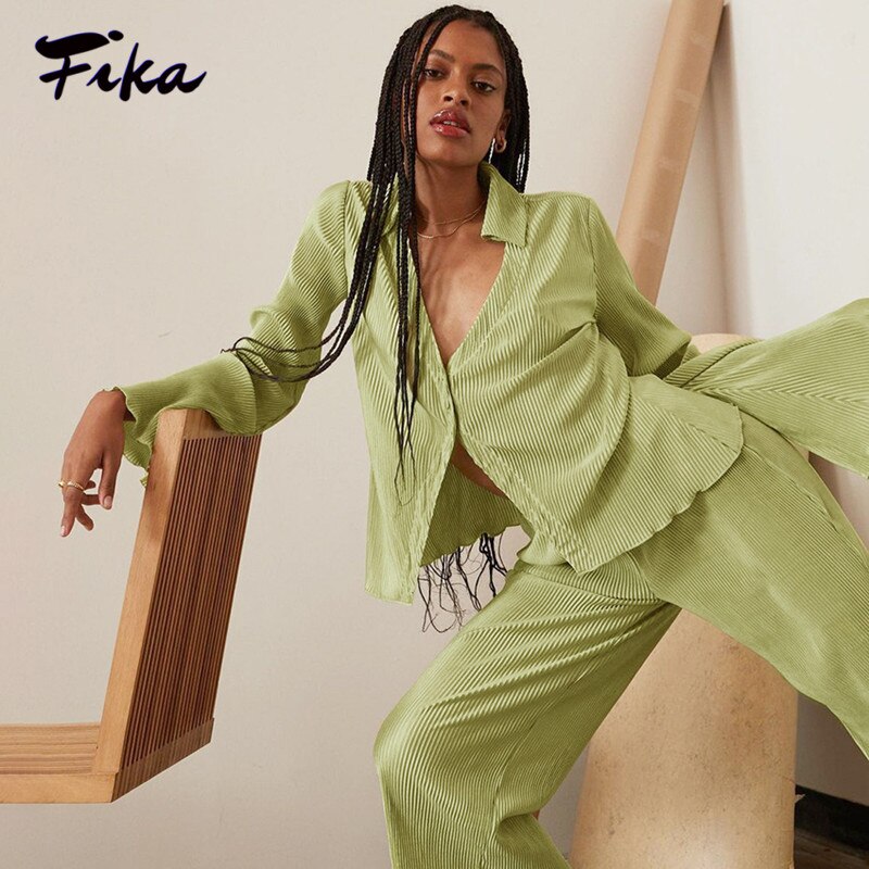 Women's Pleated Set Floral Elegant Casual Long Sleeve Blouses with High Waist Pants Set Female Loose Shirts Two Piece Pant Set