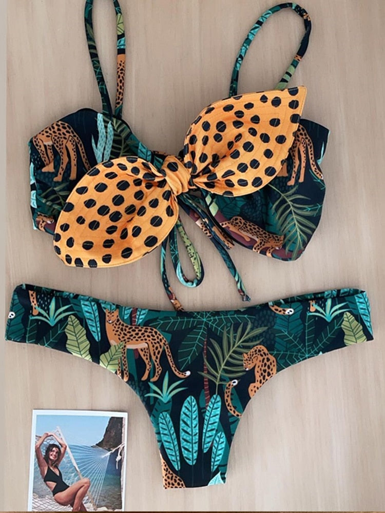 2022 Bikini Set Women Swimwear Push Up Swimsuit Top Solid Bottom Print Brazilian Biquini Bathing Suit Swim Wear Beach