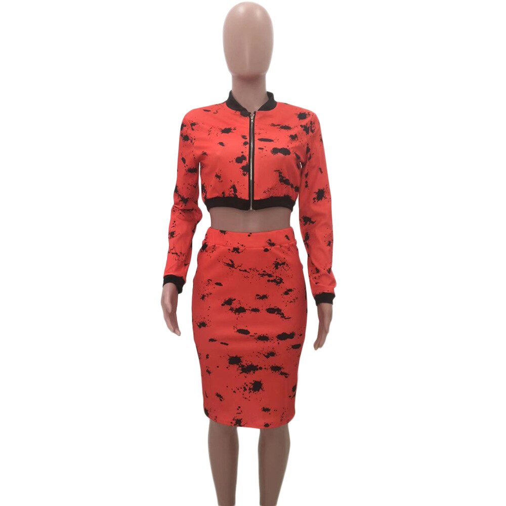 Women Crop Jacket and Midi Skirts Summer Outfit Camo Skirt 2 Peice Set Fashion Zipper V Neck Full Sleeve Crop Top Skirt Sets
