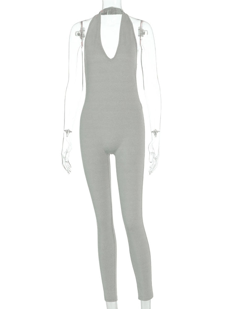 Simenual Solid Bodycon Halter Women Long Jumpsuits Skinny Backless Sleeveless Workout Overalls Sportswear Fashion Basic Jumpsuit