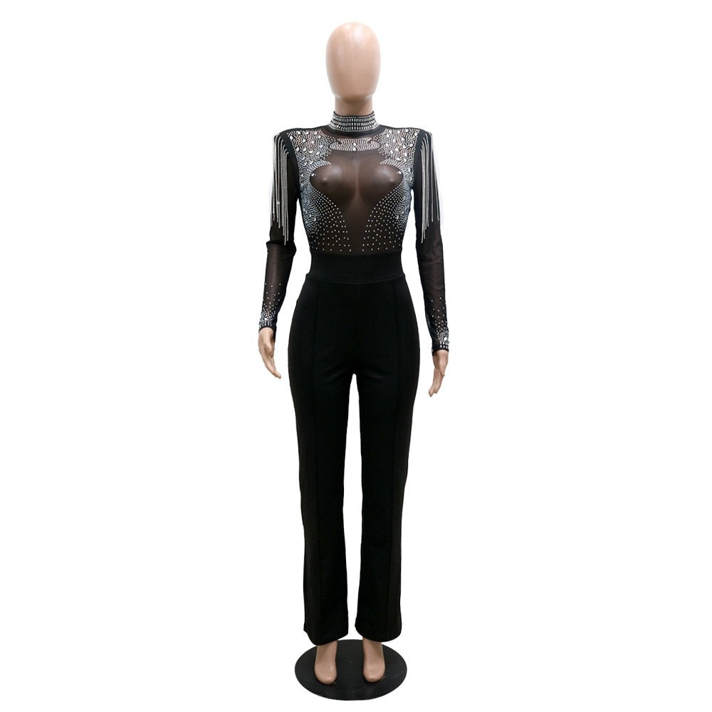 Women Sexy Romper Shining Embellished Rhinestones Luxury One Piece Jumpsuit Tassel Mesh See Through Transparent Night Club Party