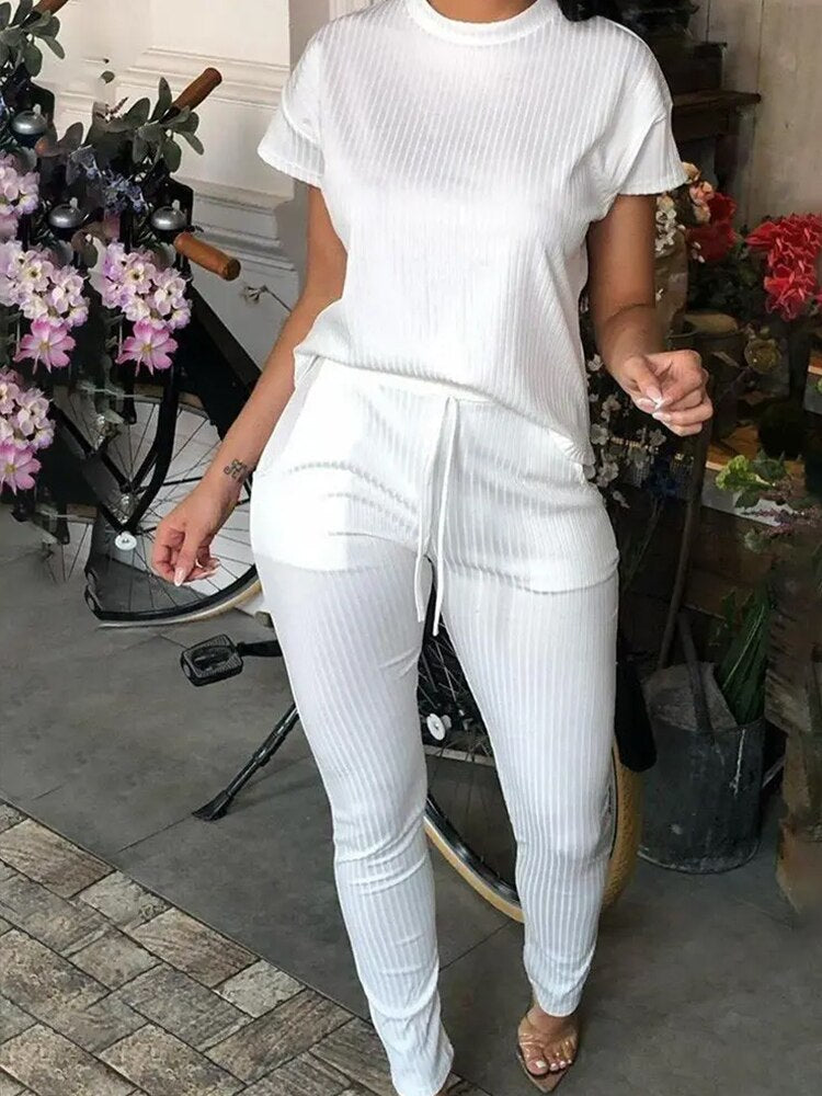 Summer Women Fashion Short Sleeve Two Piece Suit Sets Round Neck Ribbed Contrast Mesh Top &amp; Drawstring Pants Set