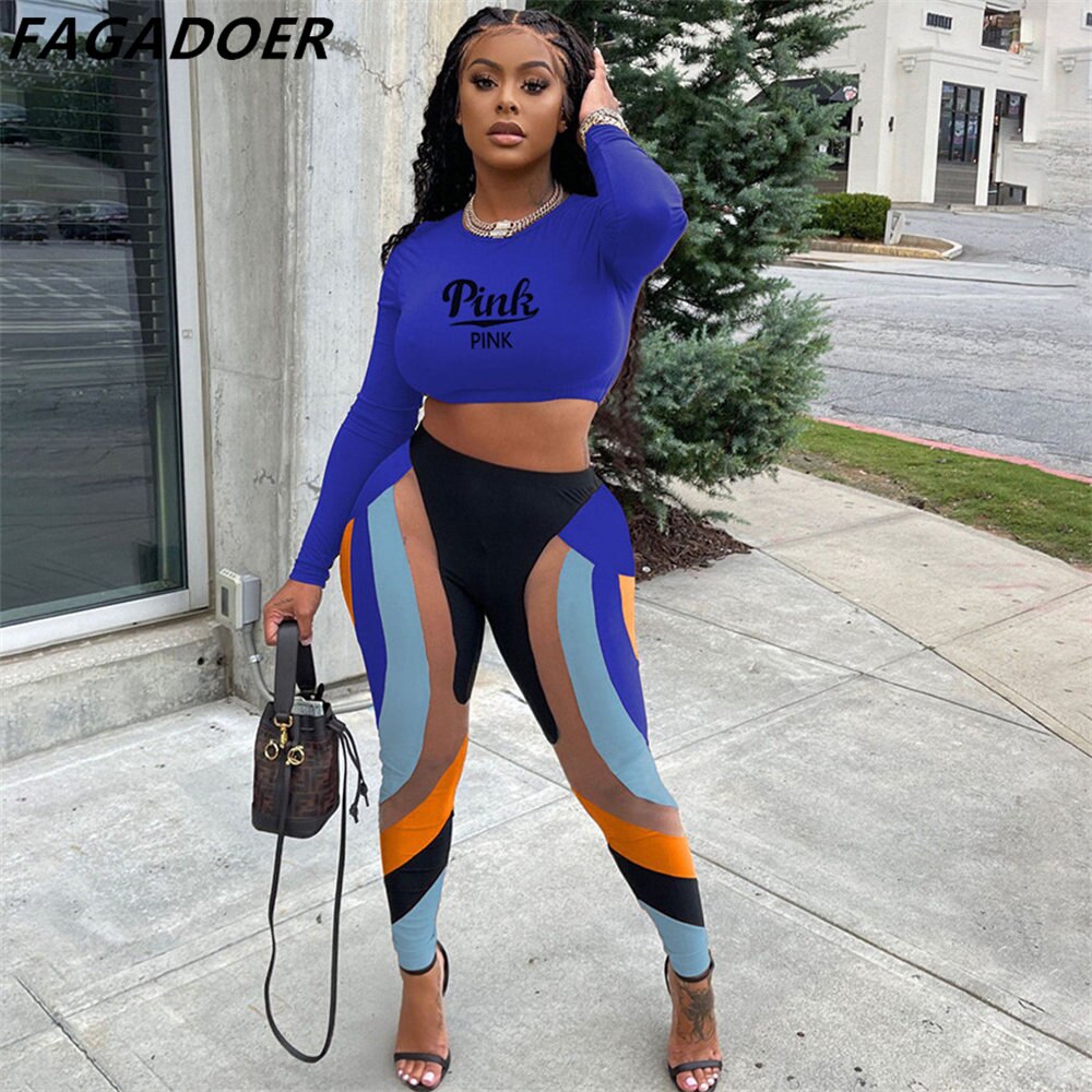FAGADOER Street Casual Two Piece Set Women Sporty Pink Letter Print Crop Top Skinny Patchwork Leggings Matching Outfit Tracksuit