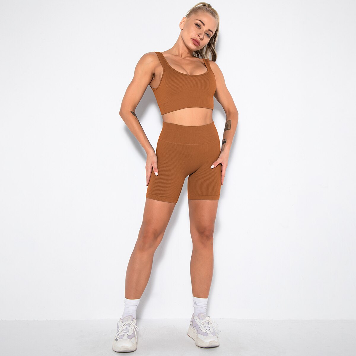 LANSWE Seamless Women Yoga Set Sportswear Gym Clothing Sport Set Women High Waist Seamless Leggings Fitness Sport Bra Crop Top