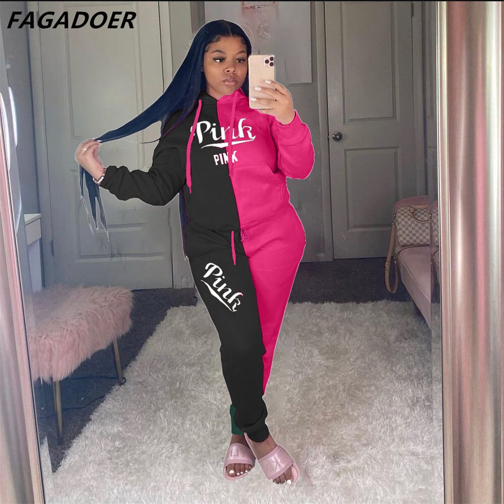 FAGADOER Autumn PINK Embroidery Two Piece Sets Tracksuit Women Outfits Patchwork Long Sleeve Sweatsuits Hoodies Pants Sets Suit