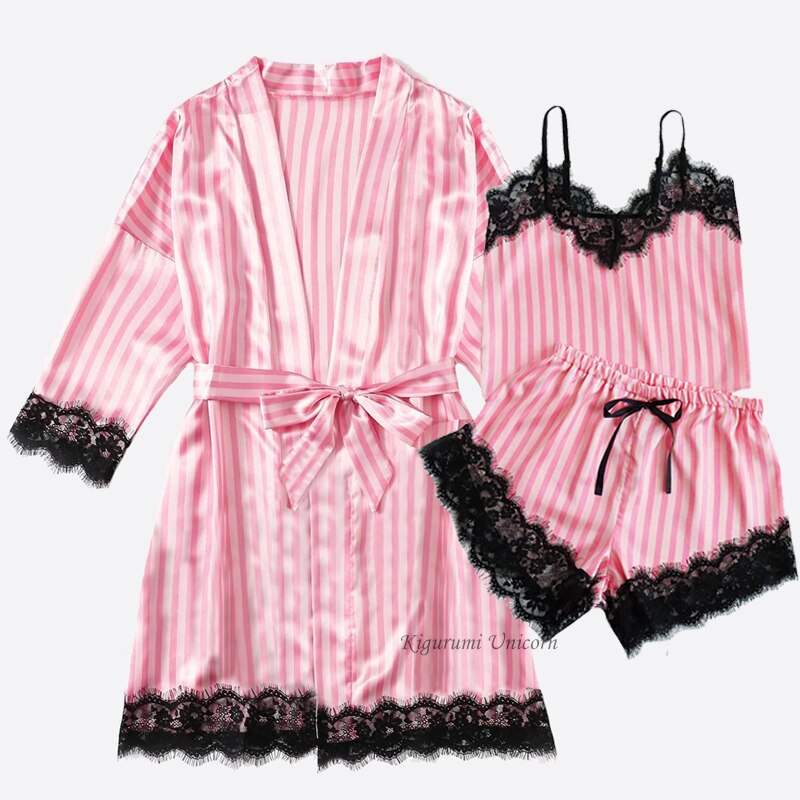 2022 New Robe Sets Pijamas Women Faux Silk Pajamas for Women Sexy Lace Hot V-neck Sleep wear Satin Summer Clothing Sets Homewear