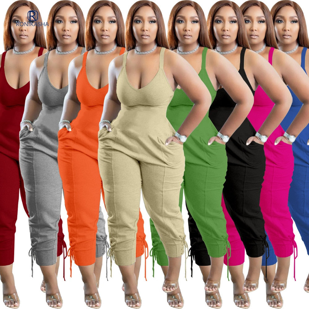 Ronikasha Jumpsuits for Women Sleeveless V Neck Zip Back Lace Up Tank Long Romper One Piece Set