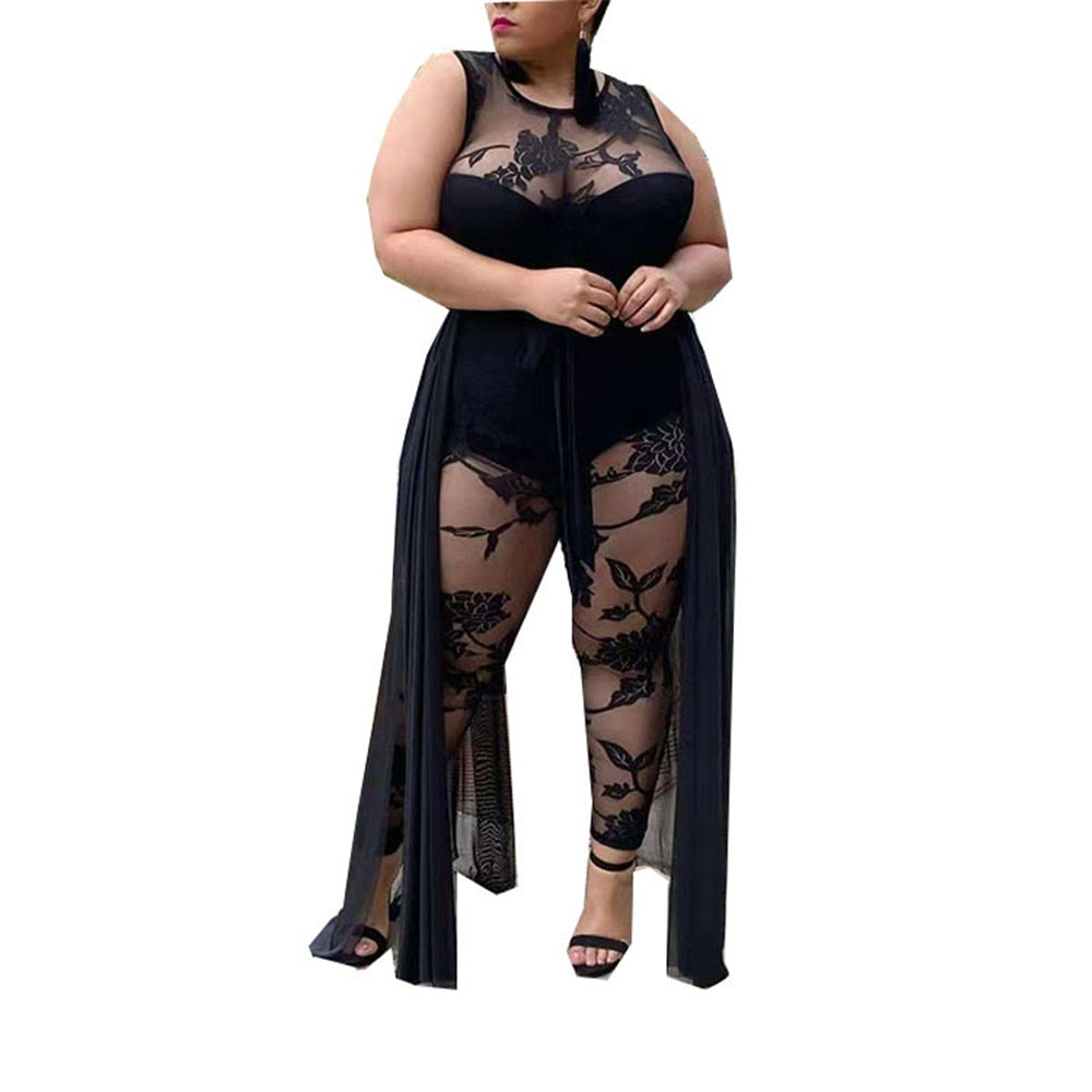 Black Sleeveless Jumpsuit Women Elegance Summer Street Wear Round Collar Lace Flocking Print Casual Base Wholesale Dropshipping