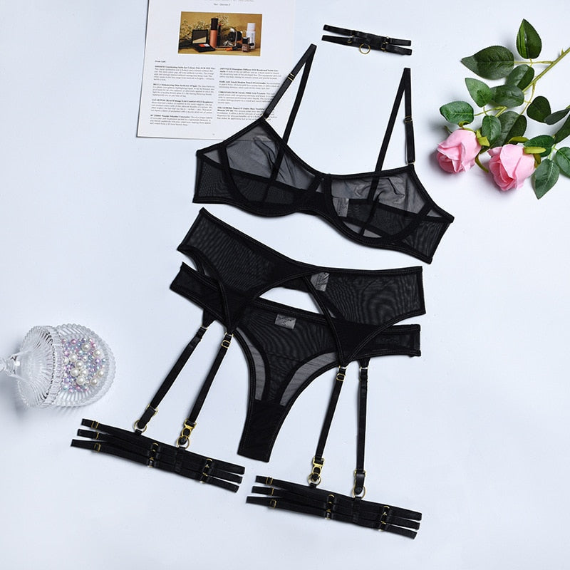 4 Pieces Set Woman Sexy Lingerie Erotic Underwear Bra Garters Brief Sets Transparent Lace Seamless Blue Ladies Panties Thong