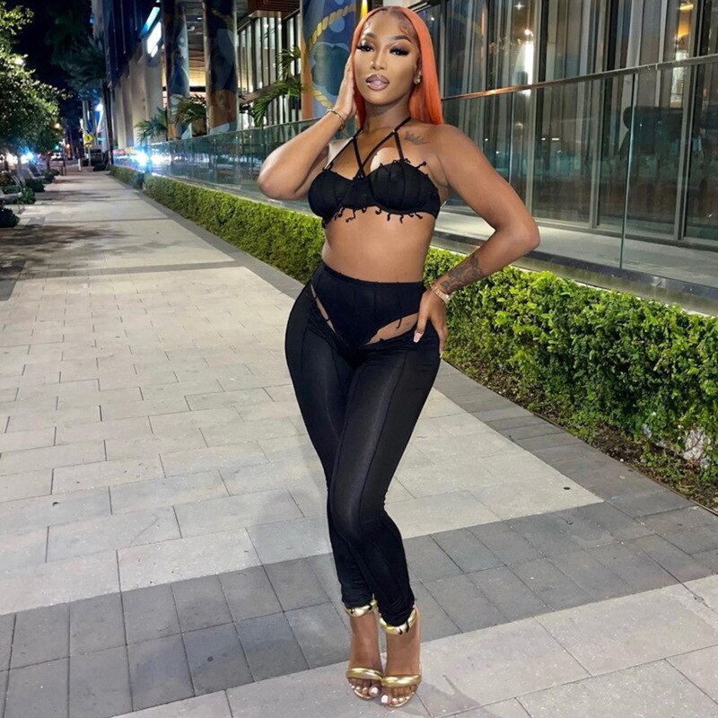Adogirl Summer Solid Two Piece Set Women Sleeveless Halter Crop Tops + Leggings Female Sexy Party Club Y2k Streetwear Outfits