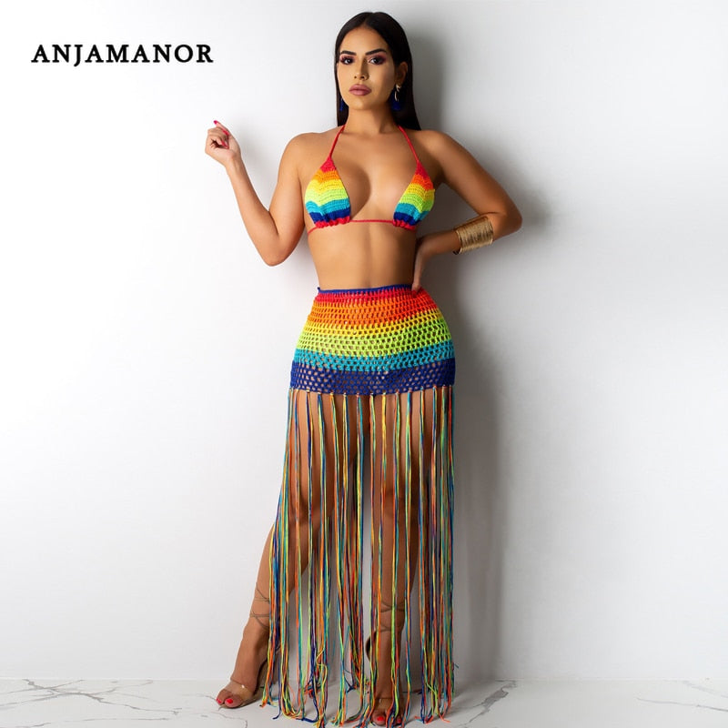 ANJAMANOR Rainbow Crochet Tassel Sexy 2 Piece Set Crop Top and Skirt Beach Party Club Birthday Outfits for Women D48-DF23